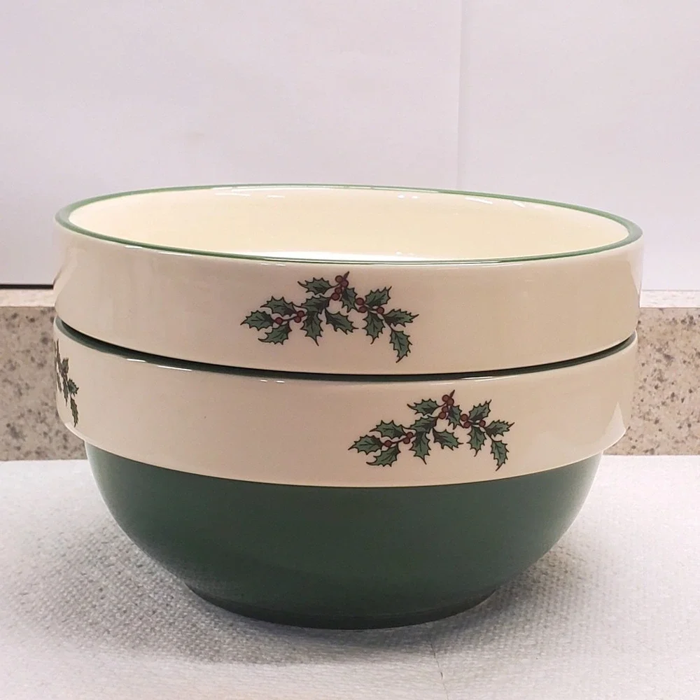 Spode Christmas Tree Mixing Bowls Set of 2 Green Cream Excellent Holiday Decor